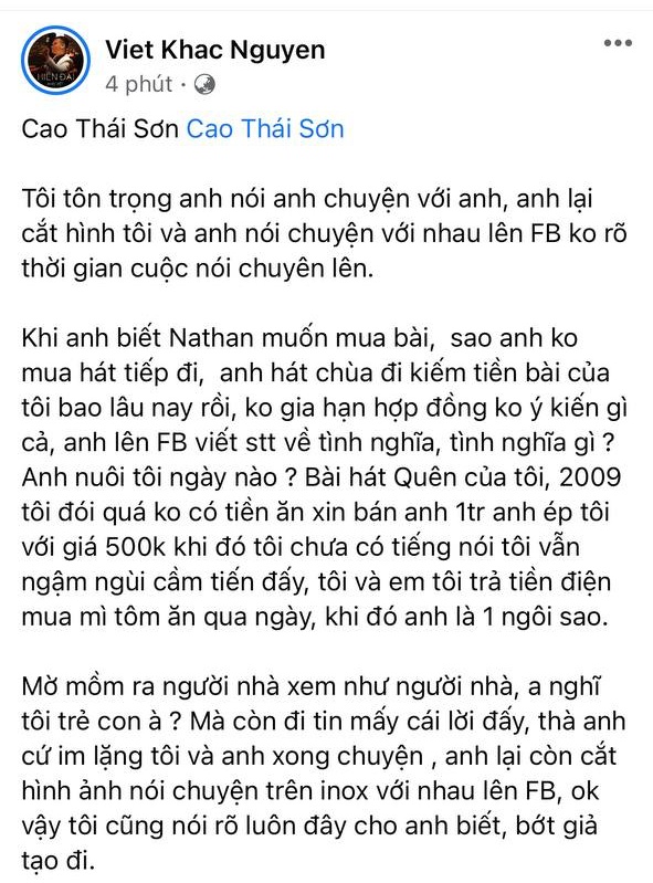 Biến căng nửa đêm: Khắc Việt tố Cao Thái Sơn ép giá mua bài 1 triệu xuống 500k, hát chùa, cắt hình chat đăng FB và chốt bớt giả tạo đi - Ảnh 5.