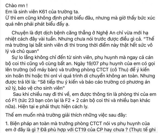 Thực hư thông tin Đại học Vinh tổ chức cho hàng trăm học sinh thi giữa mùa dịch - Ảnh 1.