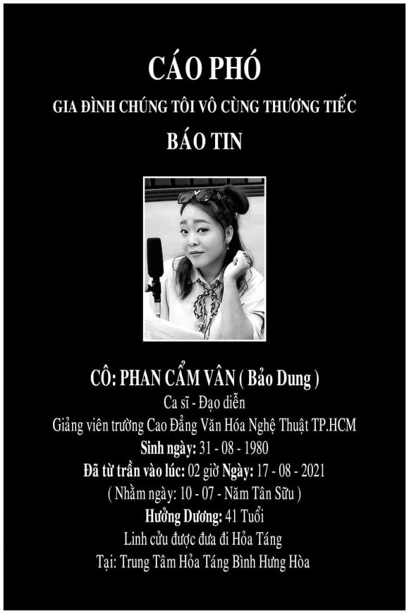 Người th&acirc;n x&oacute;t xa th&ocirc;ng b&aacute;o tang lễ của ca sĩ Phan Cẩm V&acirc;n, linh cữu được đưa đi hoả t&aacute;ng gấp giữa dịch Covid-19 - Ảnh 3.