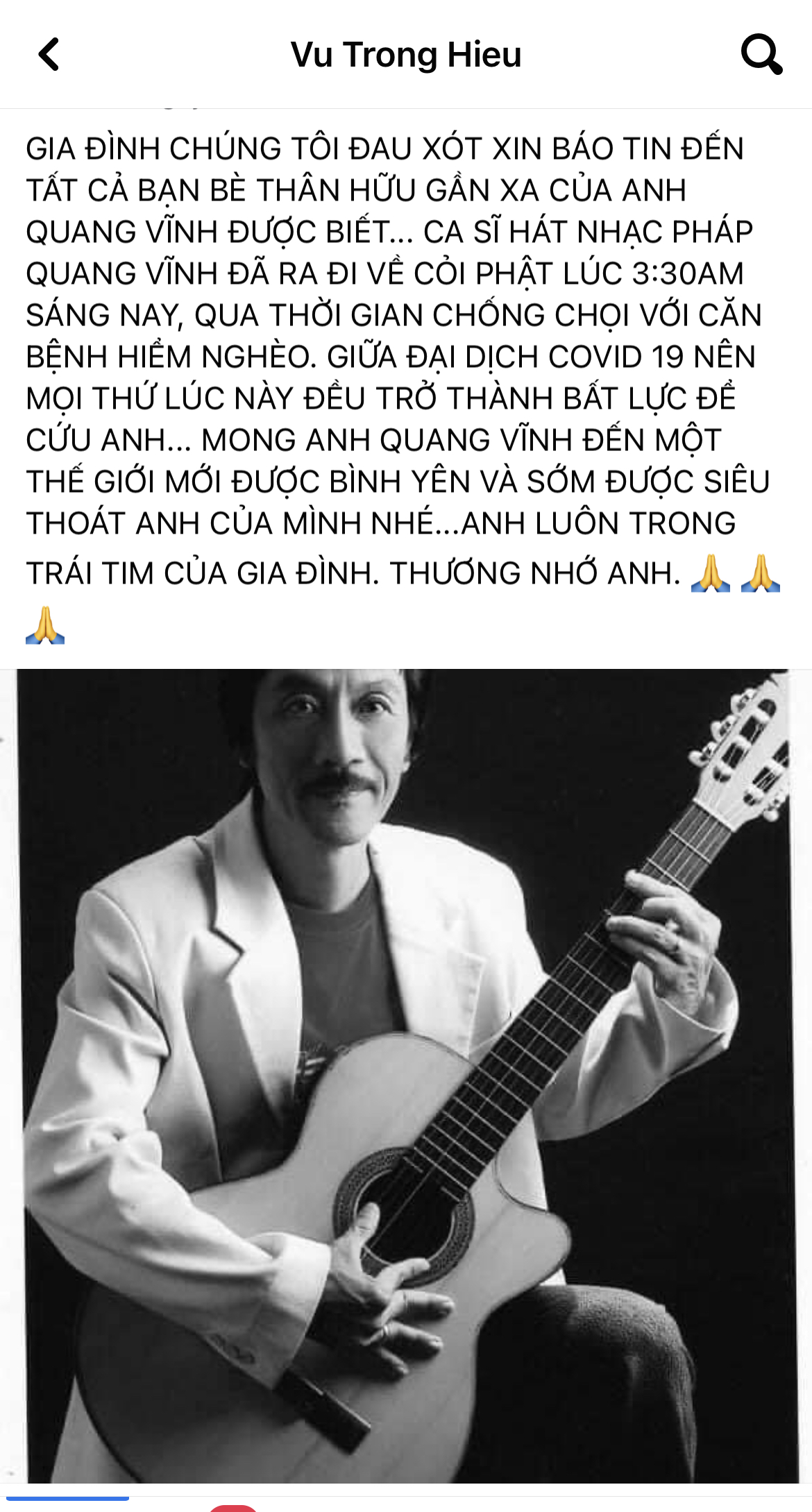 Nghệ sĩ Quang Vĩnh đột ngột qua đời giữa m&ugrave;a dịch, người th&acirc;n l&ecirc;n tiếng tiết lộ nguy&ecirc;n nh&acirc;n v&agrave; gửi lời cảm tạ - Ảnh 2.