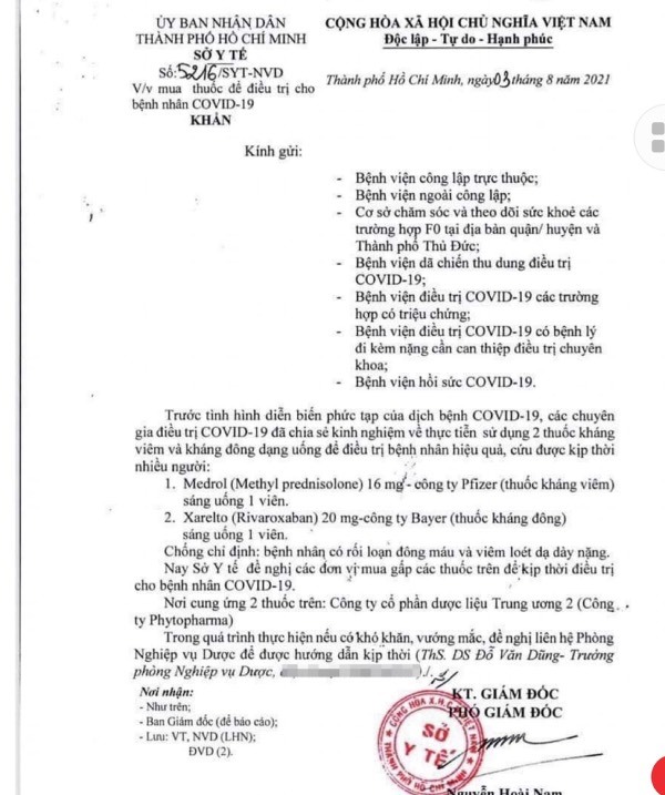 Sở Y tế TP.HCM thu hồi công văn giới thiệu mua thuốc trị Covid-19 - Ảnh 1.