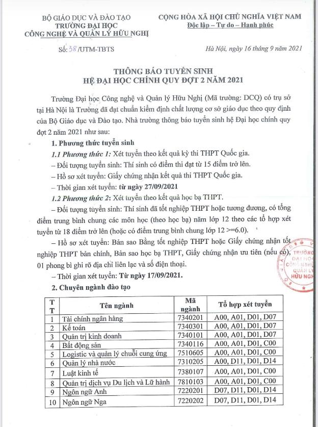 Trường Đại học Công nghệ và Quản lý Hữu Nghị (Hà Nội) tuyển sinh Đại học chính quy đợt 2 năm 2021 - Ảnh 2.