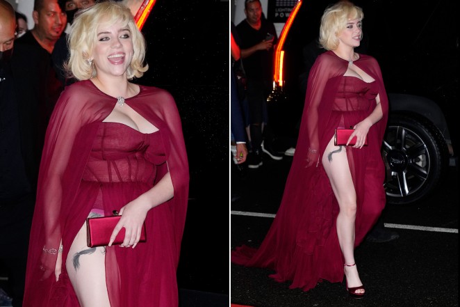Billie Eilish gây sốt với màn lột xác ở tiệc hậu Met Gala: Váy đỏ rực tôn vòng 1 chực trào, mất máu hơn vì chi tiết ở đùi - Ảnh 4. Billie Eilish gây sốt với màn lột xác ở tiệc hậu Met Gala: Váy đỏ rực tôn vòng 1 chực trào, mất máu hơn vì chi tiết ở đùi - Ảnh 4.