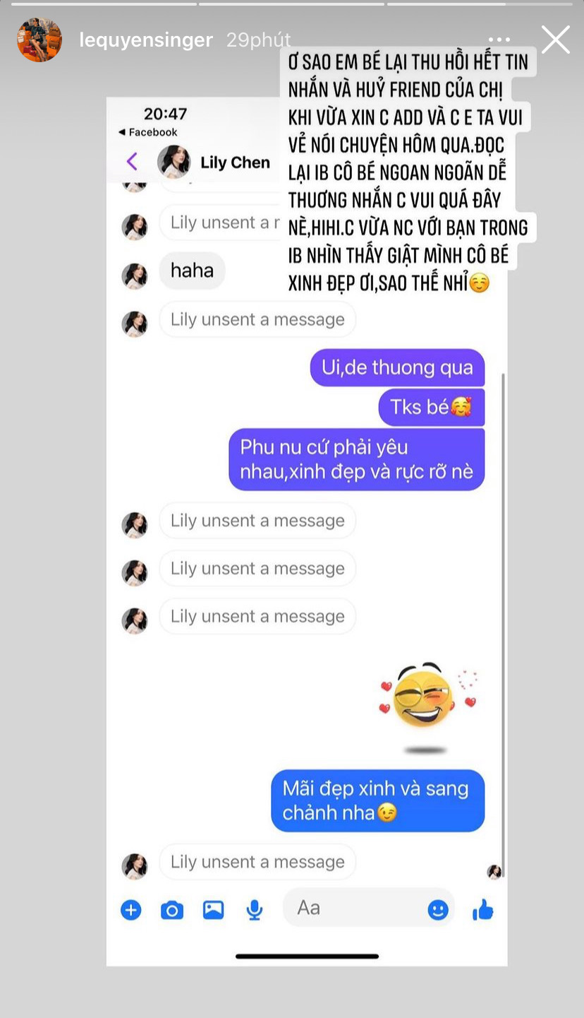 Tình địch Ngọc Trinh tự nhận là fan, xin kết bạn với Lệ Quyên xong unfriend, gỡ toàn bộ tin nhắn đầy khó hiểu - Ảnh 3. Tình địch Ngọc Trinh tự nhận là fan, xin kết bạn với Lệ Quyên xong unfriend, gỡ toàn bộ tin nhắn đầy khó hiểu - Ảnh 3.