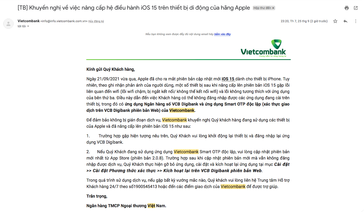 Nhiều người dùng iPhone gặp lỗi đăng nhập app Vietcombank, ngân hàng bất ngờ gửi email khuyến nghị về việc nâng cấp lên iOS 15 - Ảnh 3. Nhiều người dùng iPhone gặp lỗi đăng nhập app Vietcombank, ngân hàng bất ngờ gửi email khuyến nghị về việc nâng cấp lên iOS 15 - Ảnh 3.