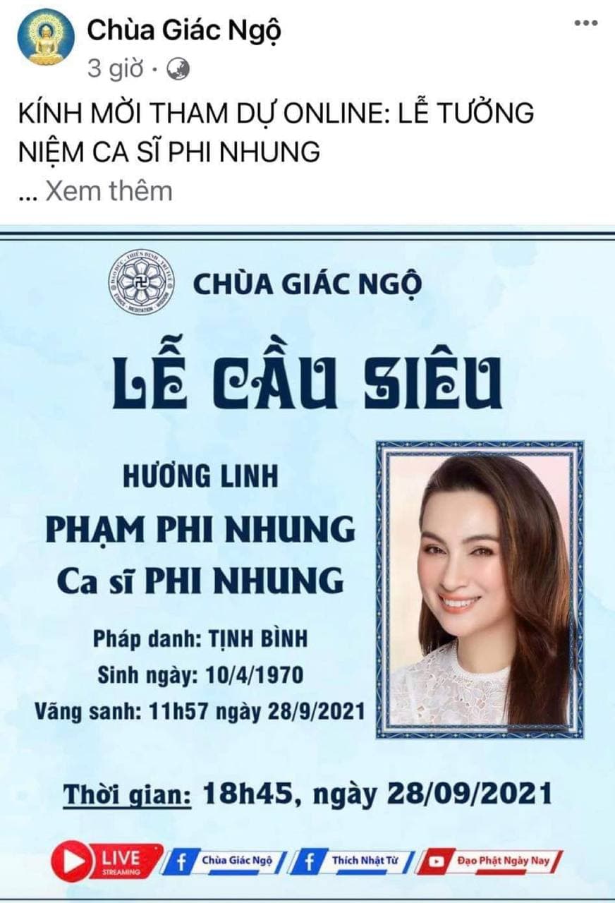 THÔNG BÁO: Thời gian diễn ra Lễ tưởng niệm và cầu siêu cho nữ ca sĩ Phi Nhung - Ảnh 2.