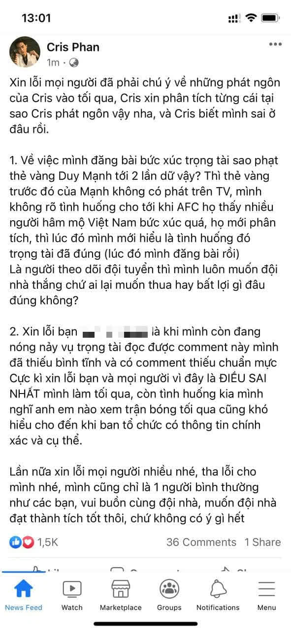 Cris Phan lên tiếng xin lỗi về phát ngôn vô duyên sau trận Việt Nam - Saudi Arabia, Cris biết mình sai ở đâu rồi - Ảnh 3.