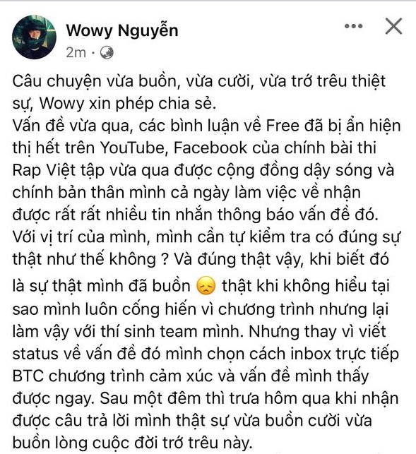 Netizen nghi vấn ekip Rap Việt xóa bình luận tiêu cực về học trò Binz nhằm chơi xấu team Wowy, lão đại nói gì? - Ảnh 1.