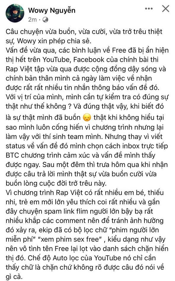 Rap Việt thừa nhận làm bốc hơi bình luận về học trò Wowy nhưng lời giải thích liệu có hợp lý? - Ảnh 2. Rap Việt thừa nhận làm bốc hơi bình luận về học trò Wowy nhưng lời giải thích liệu có hợp lý? - Ảnh 2.
