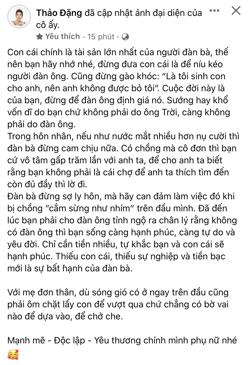 Diệp Lâm Anh ly thân vì chồng có người phụ nữ khác, Đặng Thu Thảo: Đừng lấy con cái ra để níu kéo người đàn ông - Ảnh 2. Diệp Lâm Anh ly thân vì chồng có người phụ nữ khác, Đặng Thu Thảo: Đừng lấy con cái ra để níu kéo người đàn ông - Ảnh 2.