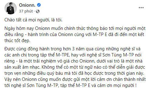 NÓNG: Producer Onionn tuyên bố rời khỏi công ty của Sơn Tùng M-TP! - Ảnh 1.