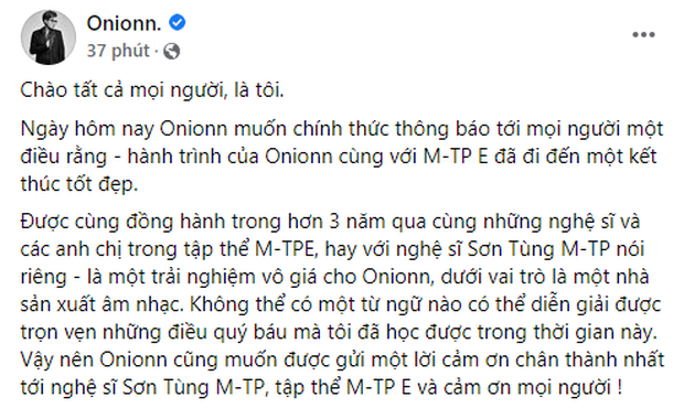 Producer gắn bó hơn 3 năm chính thức rời công ty, Sơn Tùng M-TP nói gì? - Ảnh 1.