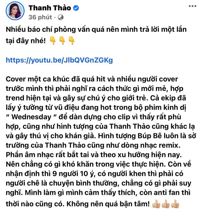 Thanh Thảo lên tiếng khi cover “Wednesday Trên Tầng Lầu“ bị chê “ố dề“: “Mình làm gì mình cảm thấy thích, còn antifan thời nào cũng có” - Ảnh 1.