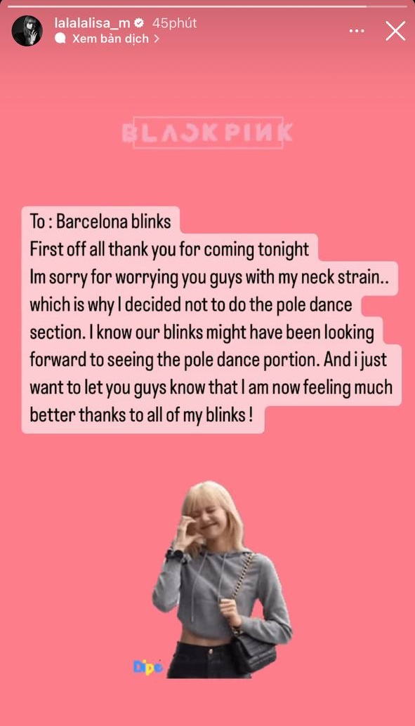 Lisa (BLACKPINK) xin lỗi fan vì không thực hiện vũ đạo múa cột do căng cơ cổ - Ảnh 2.