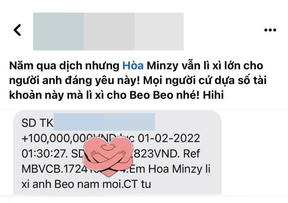 Ngay Giao thừa, Hòa Minzy lì xì nóng quản lý 100 triệu đồng khiến dân tình xốn xang nhưng so với năm ngoái vẫn kém xa! - Ảnh 1.