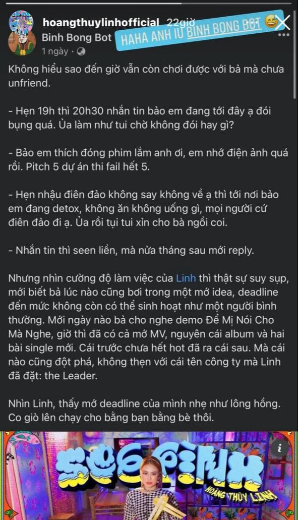 Biên kịch nổi tiếng tiết lộ việc Hoàng Thùy Linh thường xuyên trễ hẹn, nhắn tin seen ngay nhưng nửa tháng sau mới rep, lí do lại khiến fan xót xa! - Ảnh 1.