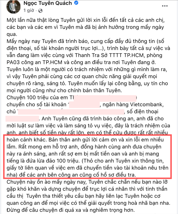 Quách Ngọc Tuyên lên tiếng vụ kêu gọi từ thiện lừa đảo, làm rõ hướng xử lý cho khán giả chuyển 100 triệu đồng - Ảnh 4.