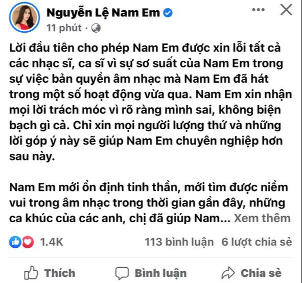 Nam Em officially apologized and took responsibility after a series of musicians denounced the cover without permission: Allow me to do it and correct it - Photo 1.