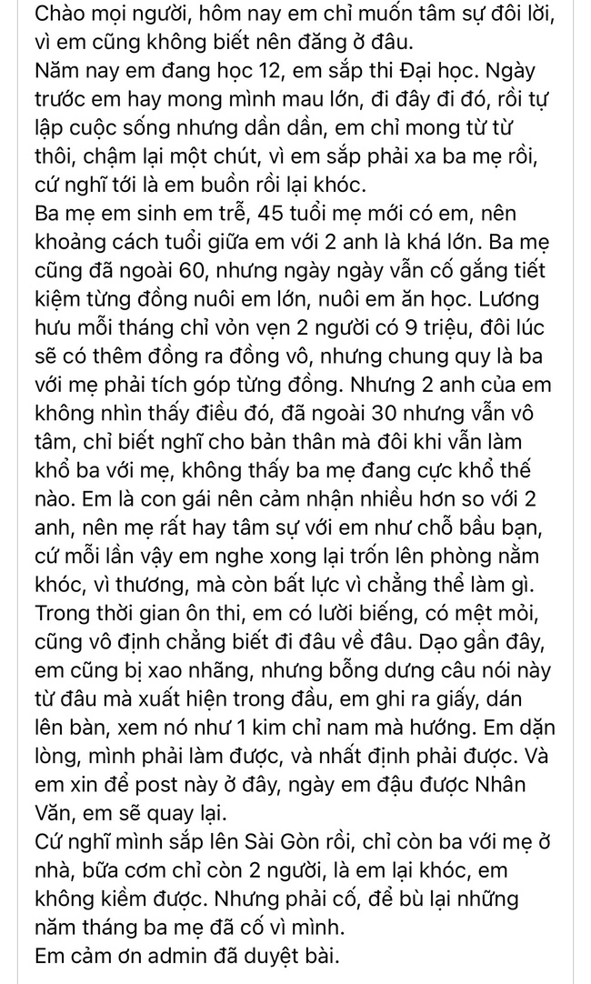 Tâm thư vỏn vẹn 15 chữ của nữ sinh lớp 12 đang GÂY BÃO MXH: Đọc xong nước mắt lăn dài, hãy bên bố mẹ nhiều hơn khi còn có thể! - Ảnh 2.
