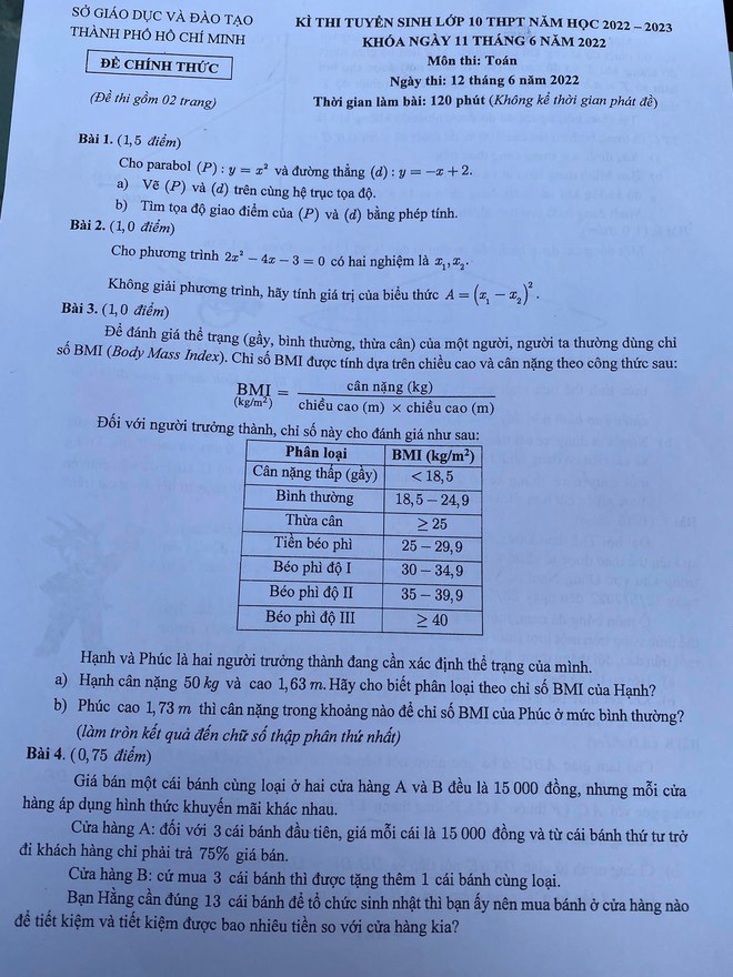 Đề Toán lớp 10 TP.HCM vừa sức, tính ứng dụng cao: Yêu cầu thí sinh tính toán chỉ số MBI và tỷ lệ trận đấu bóng đá hòa ở... SEA Games 31 - Ảnh 1.