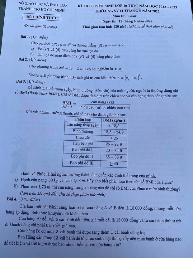 Đáp án môn Toán vào lớp 10 tại TP.HCM năm 2022 - Ảnh 1.