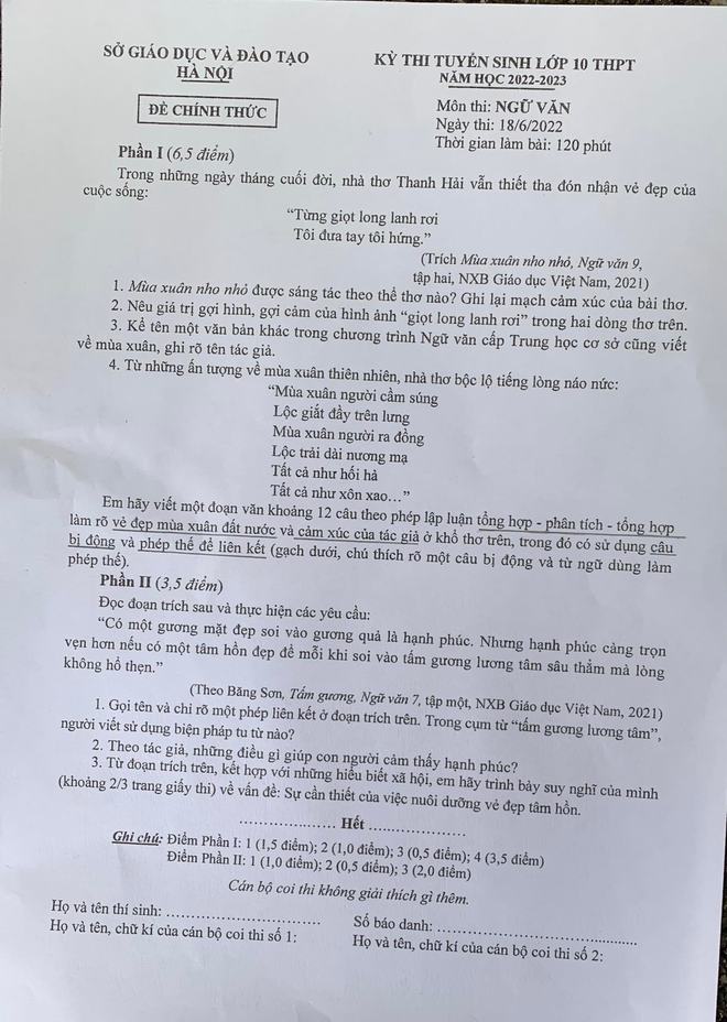 Đáp án môn Ngữ văn kỳ thi tuyển sinh vào lớp 10 Hà Nội năm 2022 - Ảnh 1.