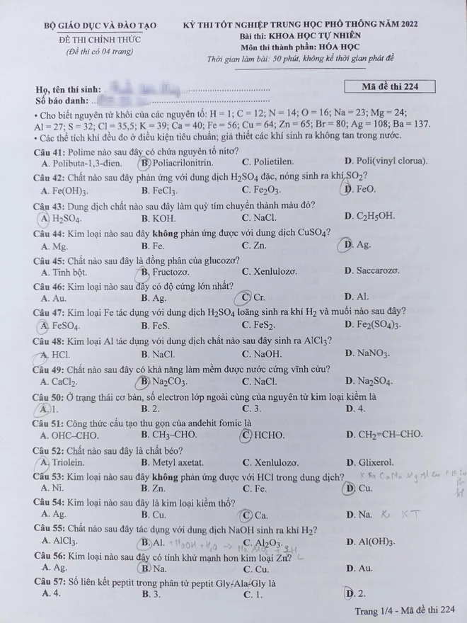 Đề thi tốt nghiệp THPT 2022 các môn tổ hợp Khoa học tự nhiên  - Ảnh 10.