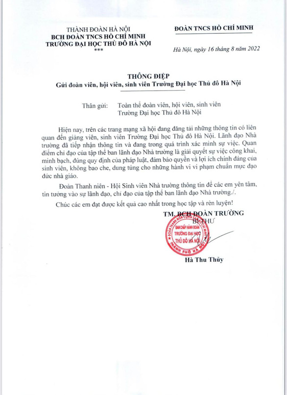 Trường đại học Thủ đô Hà Nội xác minh vụ việc nữ sinh tố cáo bị thầy giáo quấy rối tình dục - Ảnh 1.