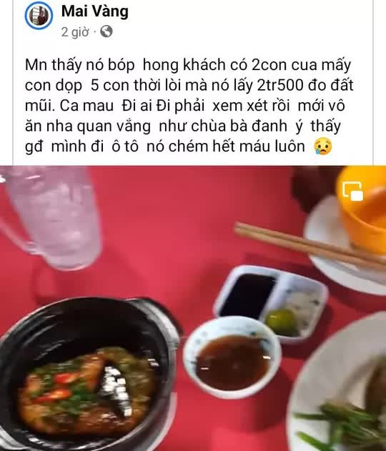  Xôn xao vụ ăn 2 con cua, mấy con vọp, 5 con cá thòi lòi bị tính 2,5 triệu đồng  - Ảnh 1.