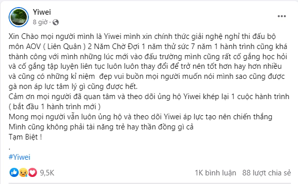 Yiwei bất ngờ thông báo giải nghệ ở tuổi 20: Mình không phải tài năng trẻ hay thần đồng gì cả - Ảnh 1.