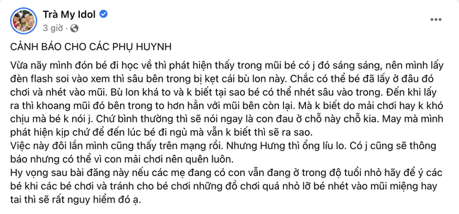 Đón Hayden từ trường về, Trà My Idol kiểm tra liền phát hiện 1 dấu hiệu lạ trên cơ thể con và vội cảnh báo lên MXH - Ảnh 1.