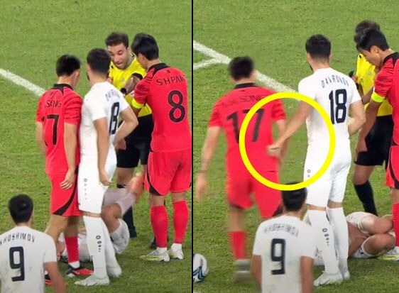 ASIAD 19: Tiền đạo Hàn Quốc bị đối thủ đánh nguội ngay trên sân, cách đáp trả của anh này sau đó khiến fan bật cười - Ảnh 1.