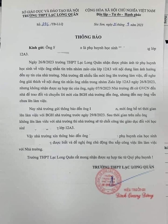 Lý do thực sự việc Trường Lạc Long Quân đuổi học sinh và mời phụ huynh đến làm việc là gì? - Ảnh 2.