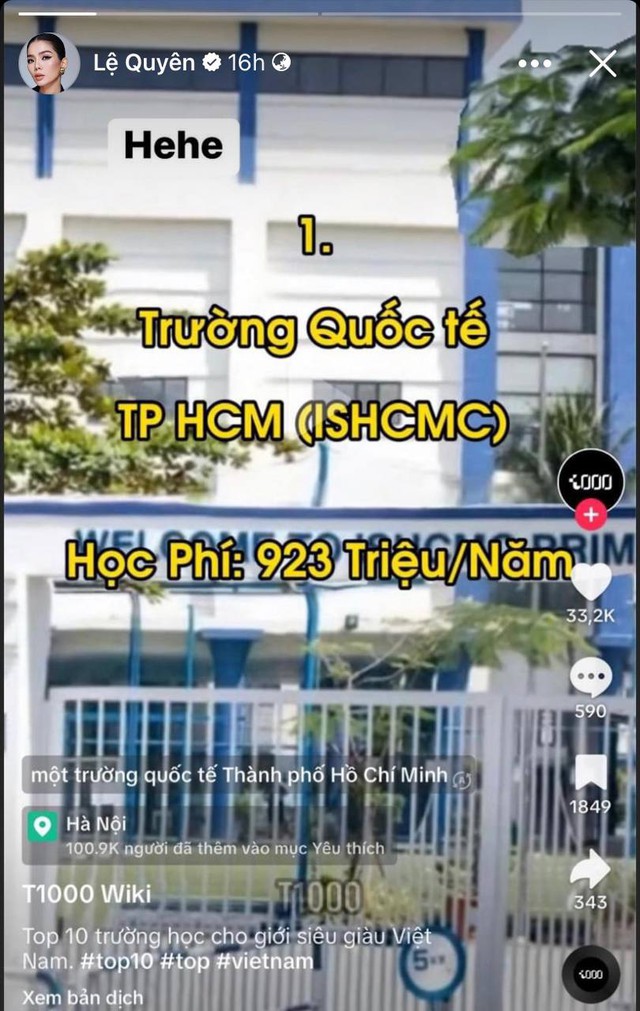 V&ocirc; t&igrave;nh flex trường của con, Lệ Quy&ecirc;n khiến netizen trầm trồ, học ph&iacute; sương sương gần 1 tỷ/năm - Ảnh 1.