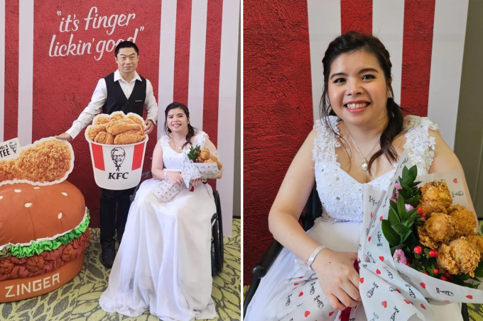 Làm đám cưới ngập gà KFC, cô dâu chú rể khiến dân mạng cười bò: Đến bó hoa cũng độc nhất!