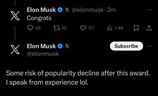 Taylor Swift was just honored as person of the year, billionaire Elon Musk immediately sent a congratulatory message to the ground - Photo 3.