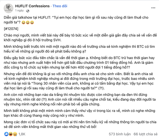 Diễn giả đi trễ 1 tiếng, có phát ngôn gây tranh cãi về ngoại hình và quan điểm học đại học làm gì rồi cũng đi làm thuê - Ảnh 1.