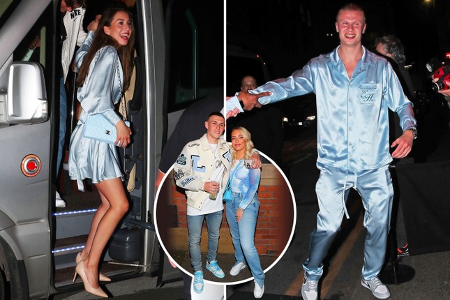 Haaland v&agrave; bạn g&aacute;i diện... đồ ngủ đi ăn tiệc mừng v&ocirc; địch của Man City - Ảnh 1.