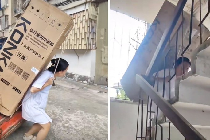 Trung Quốc: Nữ sinh vác tủ lạnh đi giao hàng thay người cha tàn tật