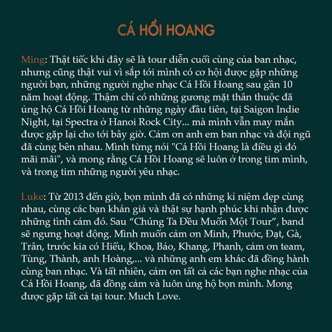 Nhóm nhạc Cá Hồi Hoang tuyên bố dừng hoạt động sau 10 năm - Ảnh 1.