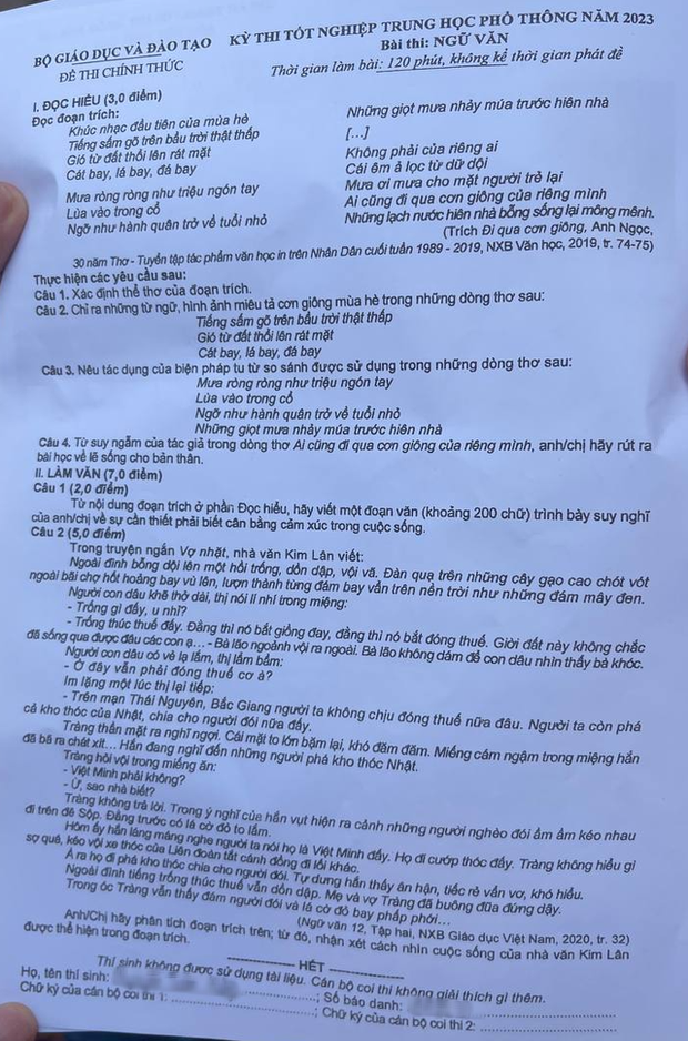 NÓNG: Gợi ý đáp án đề thi Văn THPT quốc gia 2023 - Ảnh 1.