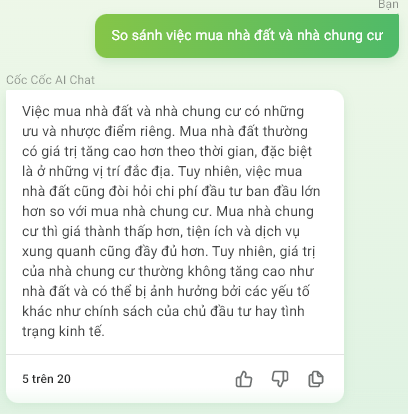 Cùng hỏi có 5 tỷ đồng thì nên mua nhà đất hay nhà chung cư, ChatGPT và chatbot AI của Việt Nam trả lời khác nhau ra sao? - Ảnh 2.