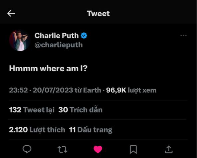 Charlie Puth vừa đặt ch&acirc;n xuống Việt Nam lập tức chia sẻ 1 điều l&ecirc;n Twitter, fan Việt rần rần v&agrave;o ch&agrave;o đ&oacute;n - Ảnh 1.