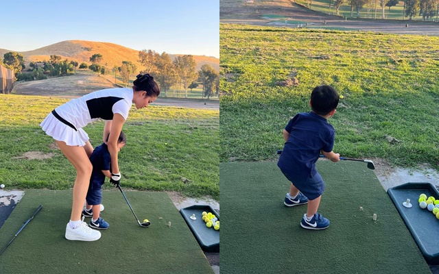 Phạm Hương tập đ&aacute;nh golf cho qu&yacute; tử 2 tuổi - Ảnh 2.