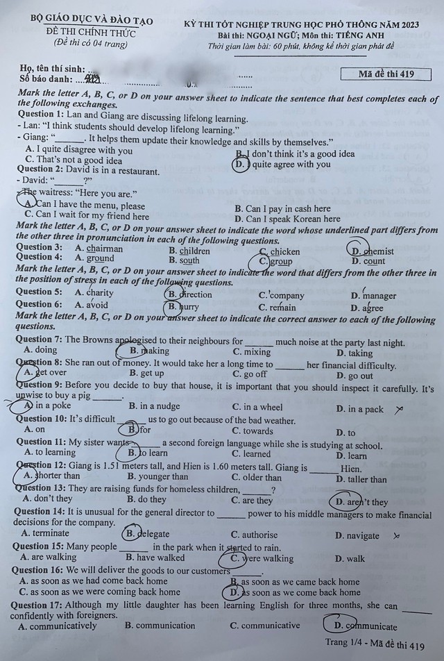 Đáp án môn Tiếng Anh thi tốt nghiệp THPT 2023 chính thức từ Bộ GD&ĐT - Ảnh 2.