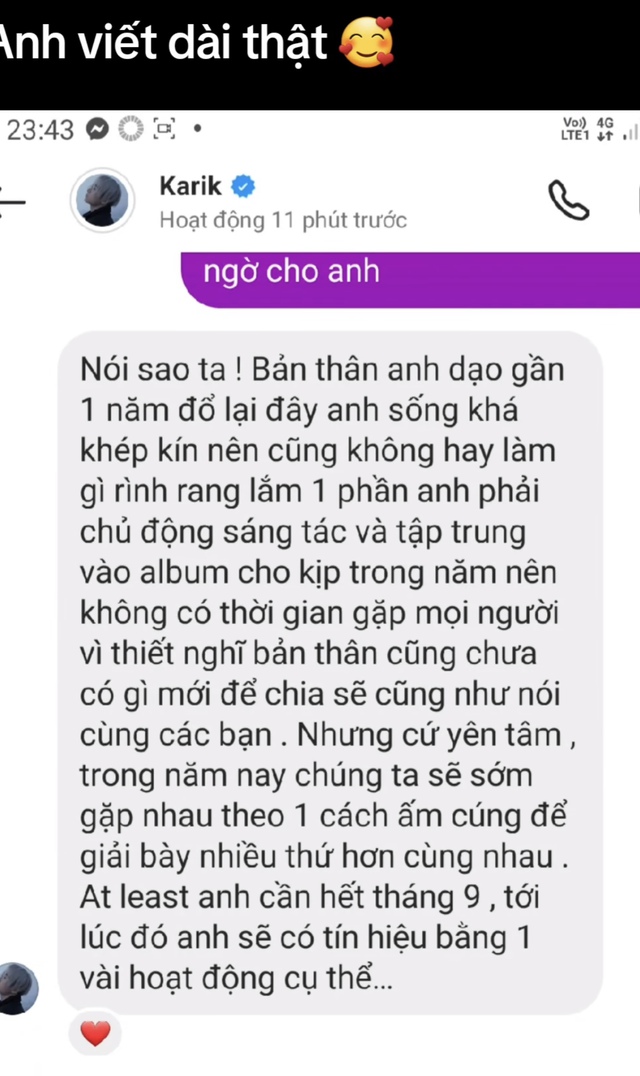 Lộ đoạn chat Karik thừa nhận đã sống khép kín giữa lúc gây lo lắng vì những khoảnh khắc mệt mỏi, đi đứng loạng choạng - Ảnh 6.