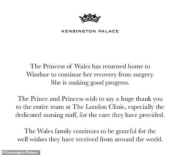 Cung điện Hoàng gia thông báo Công nương Kate đã trở về nhà từ bệnh viện. Tình trạng sức khỏe hiện tại của cô ấy thế nào?