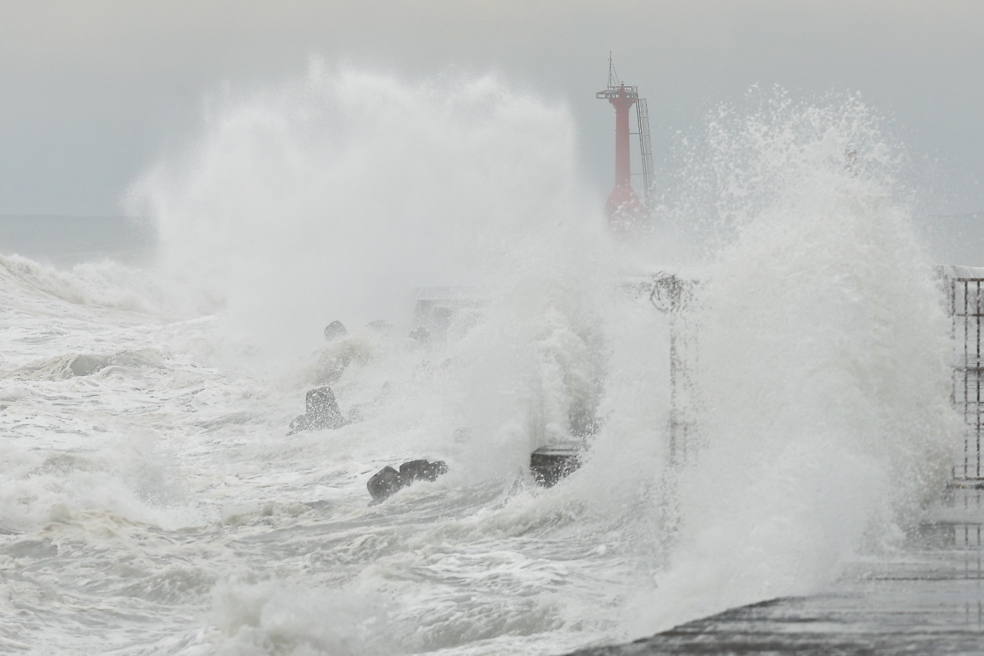 Waves splash as Typhoon Krathon approaches in Kaohsiung