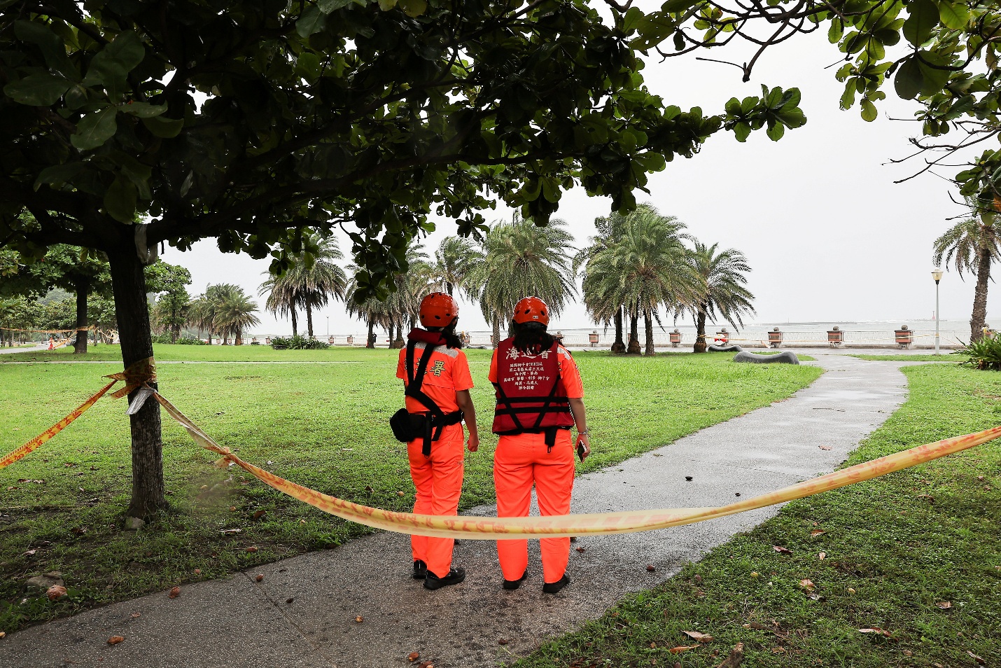 Coast guards stand on duty as Typhoon Krathon approaches Kaohsiung