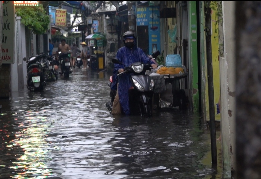 TP.HCM: Người dân vật lộn tát nước ra khỏi nhà vì triều cường kèm mưa lớn- Ảnh 1.